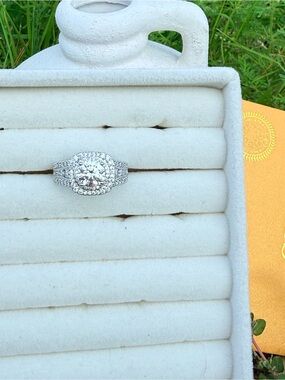 Double Halo Silver  with Round Moissanite Center Stone